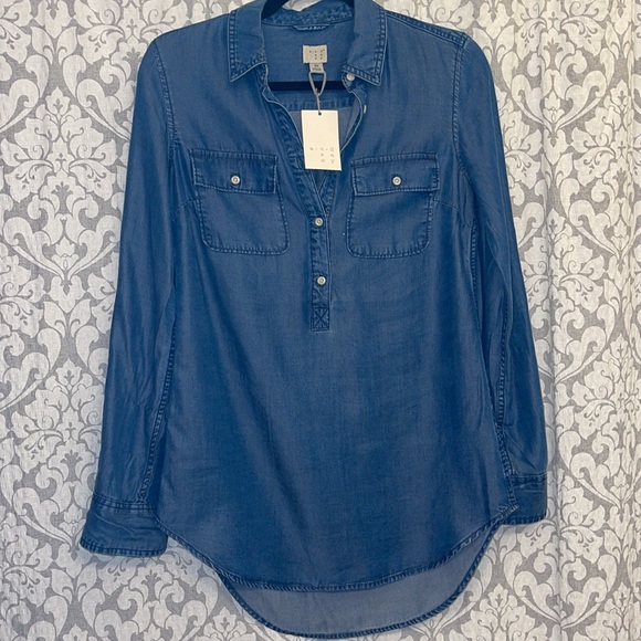 A.n.d eawy womens denim long sleeve half button top - Picture 2 of 5